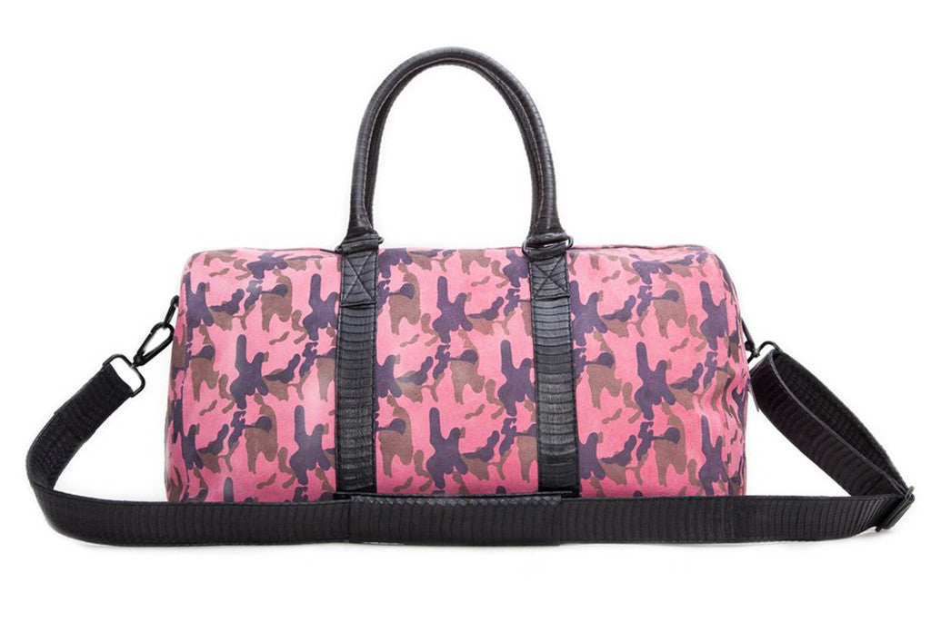 pink and black duffle bag