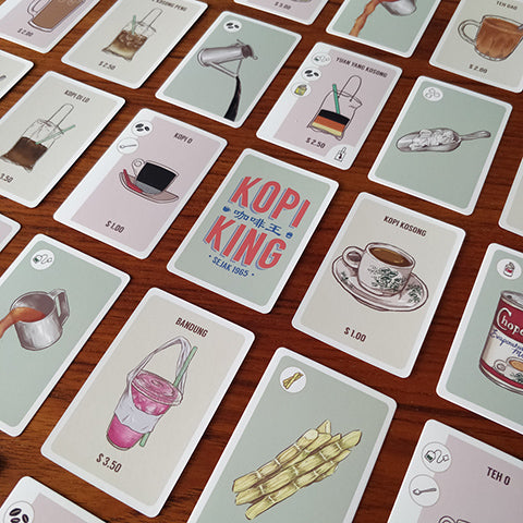 image of cards from singapore local card game called kopi king inspired by singaporean coffee shops drinks and beverages