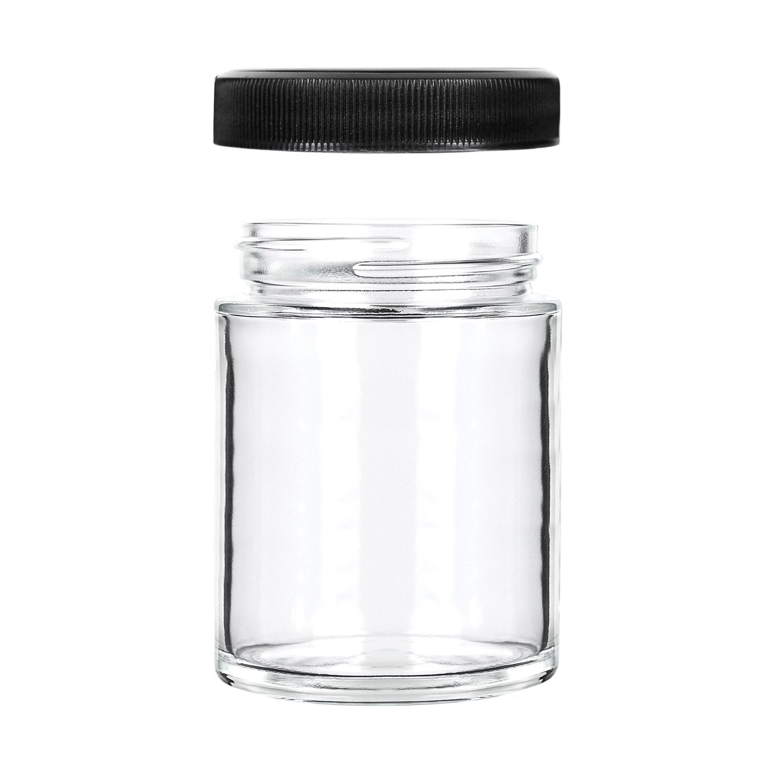 Clear, 8 ounce, Round Glass Jars, with Black Lids - 8 pack