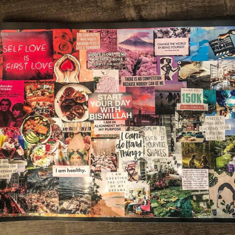 A big board with tons of photos and text on it encompassing dreams for the future. Images include things like delicious foods, fun vacation locations, cool clothes, inspirational quotes, and the images are arranged in rainbow order.