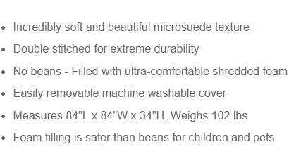 Bullet points of product features for the 7 ft bean bag chair.