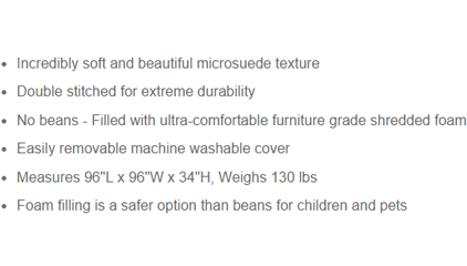 Bullet points for the 8 ft round bean bag bed.