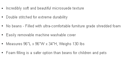 Bullet points of features for the 8 ft. bean bag bed.