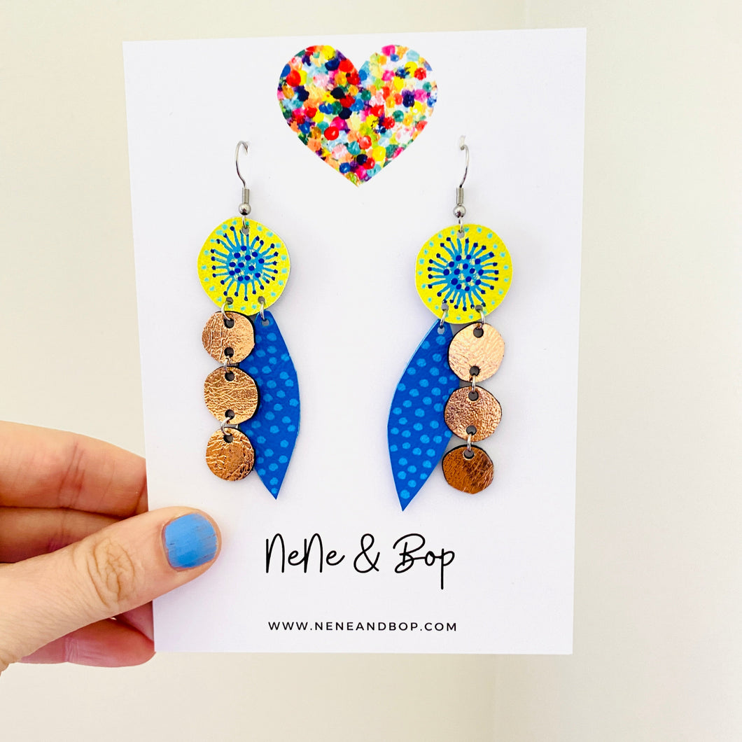 Buds and Leaves Yellow/Rose Gold/ Blue - Leather Earrings