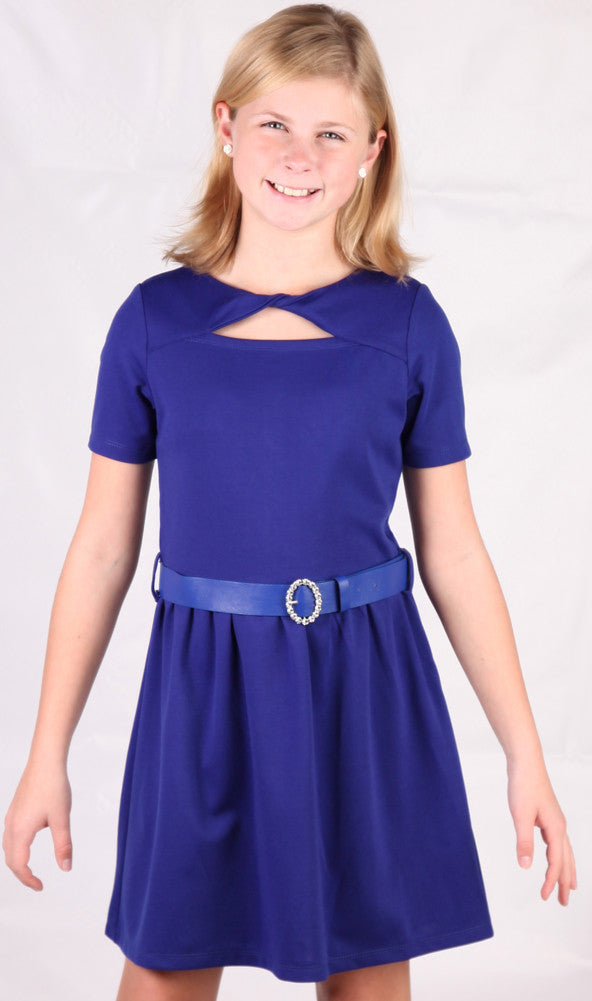 ElisaB Ponte Knit Dress in Royal Blue with Rhinestone Belt for Tweens ...
