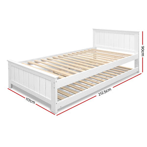 Artiss Wooden Trundle Bed Frame Timber Slat King Single Size White Furniturekingstore