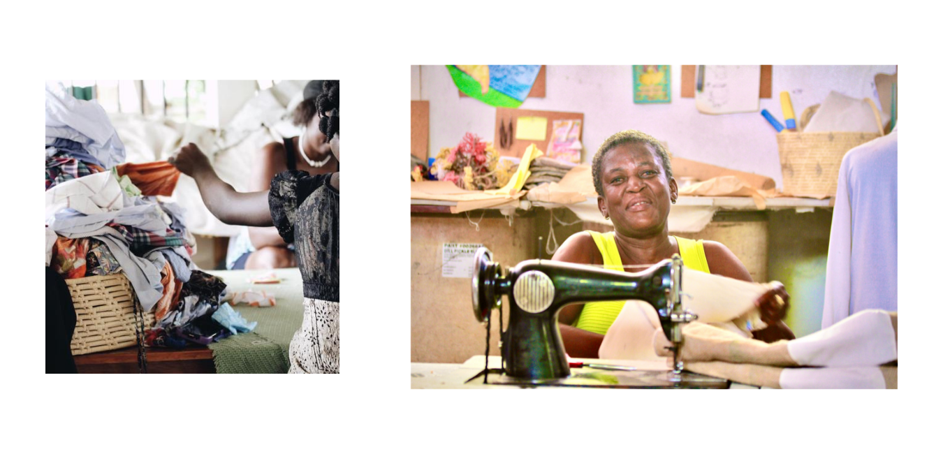 basket of fabric on left; women smiling while using a sewing machine