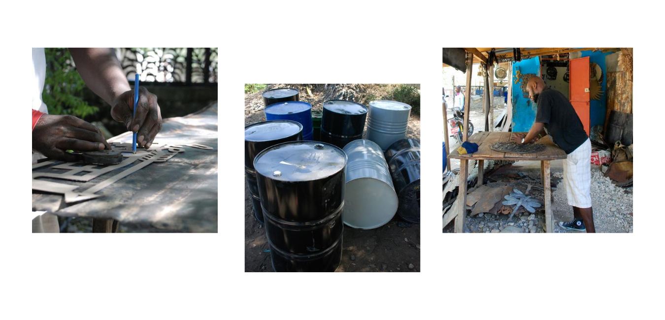 images showing various processes and materials used to create steel drum metal art