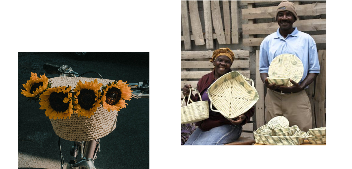 bike basket with sunflowers; basket makers holding their creationss