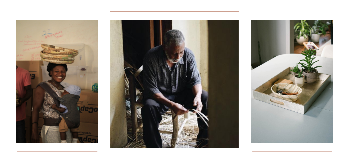 women with baby and baskets; man working on baskets; basket in home