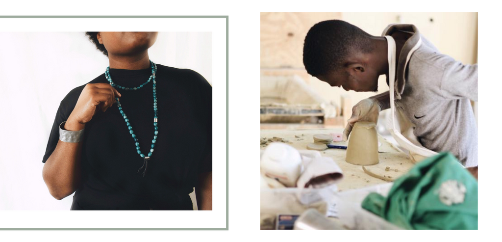 women wearing clay necklace, man working with clay