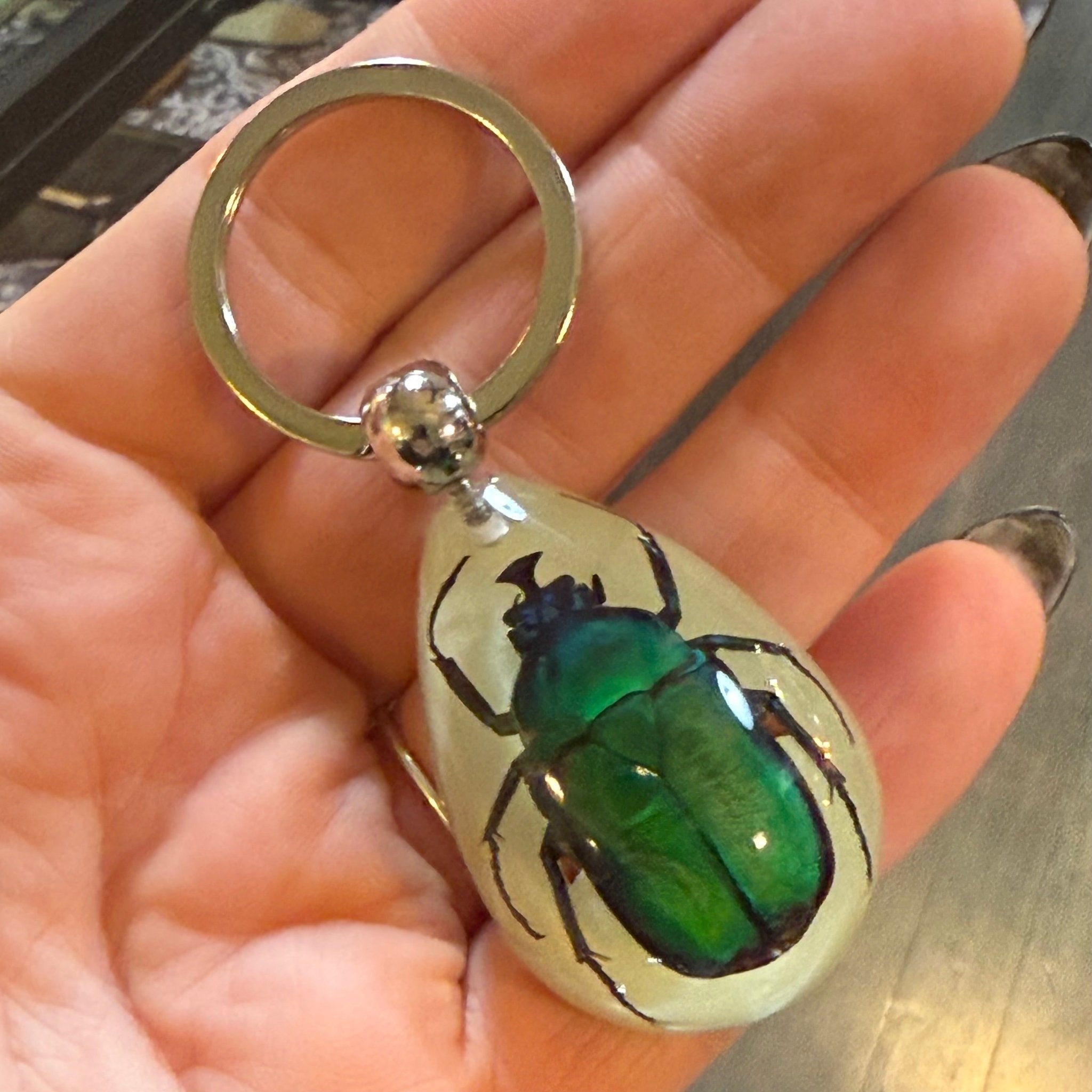 Green Beetle Glow in the Dark Drop Lucite Keychain