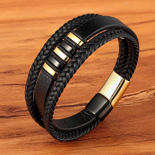 New 3 Layers Black Gold Punk Style Design Genuine Leather Bracelet for ...