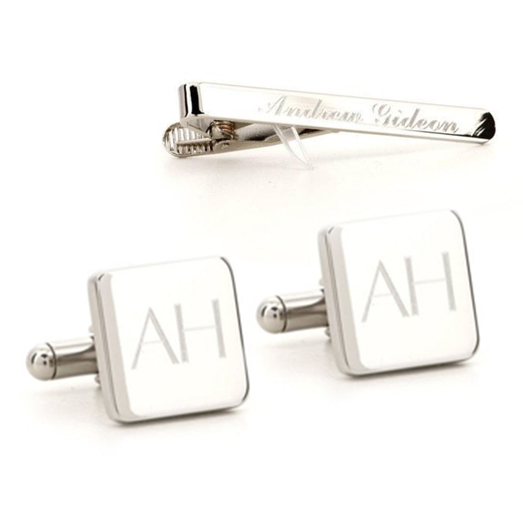 Download Engraved Square Silver Cufflinks and Tie Bar Set | Ties n' Cuffs