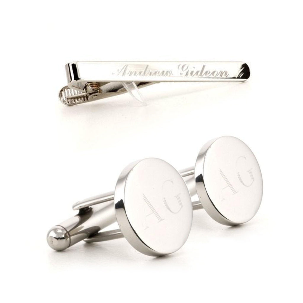 Download Engraved Round Silver Cufflinks and Tie Bar Set | Ties n ...