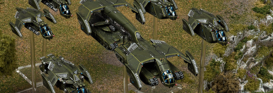 UCM dropships delivering their cargo with Falcon gunships in support.