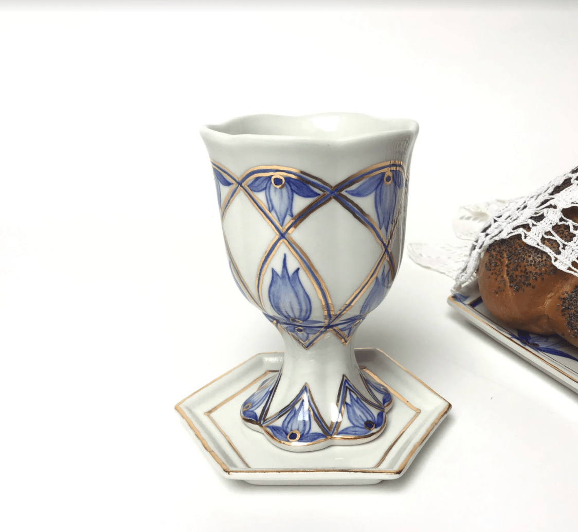 Modern Blue Floral Porcelain Shabbat Set - Kiddush Cup and Candlestick