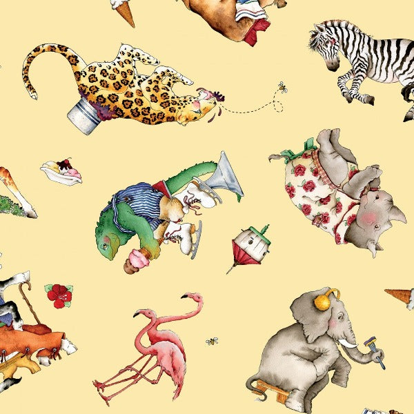 Hungry Animal Alphabet Toss on Yellow Fabric to Sew | QuiltGirlsÂ®