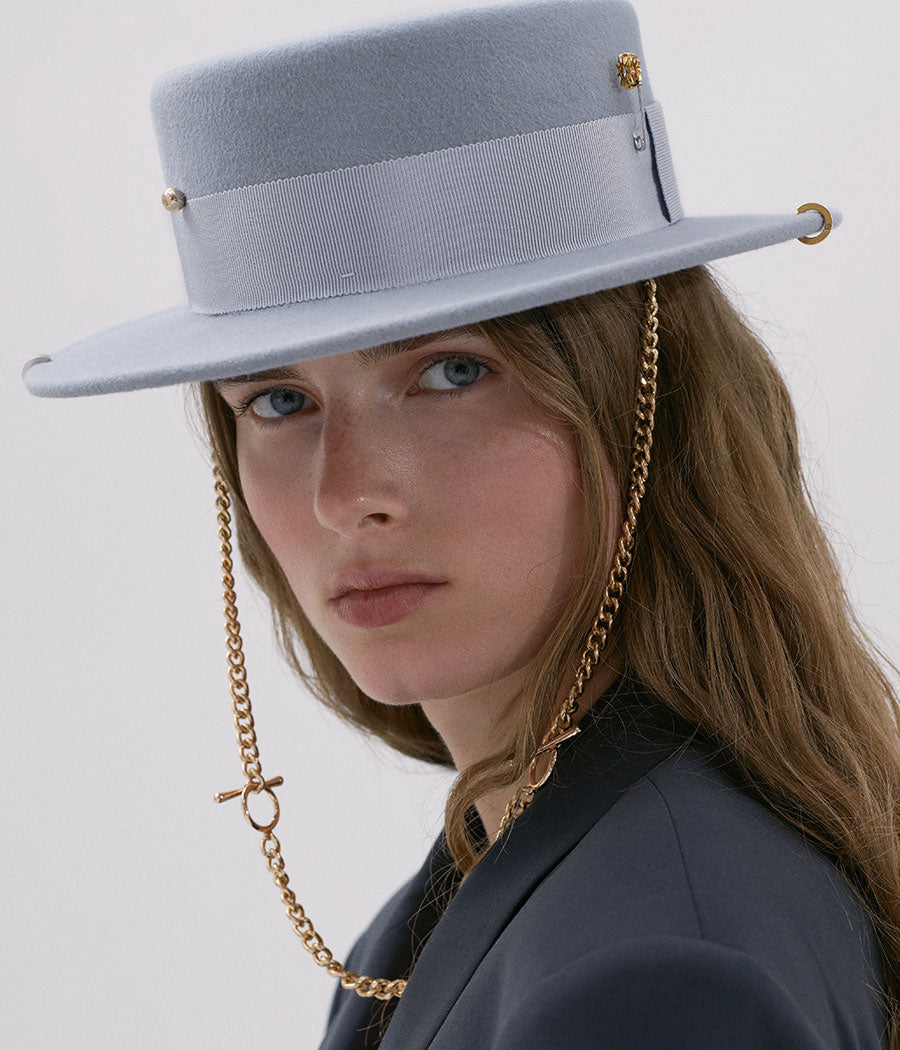 Chain strap felt canotier hat – RUSLAN BAGINSKIY