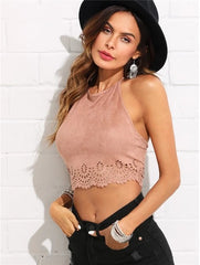 Pink Scallop Laser Suede Halter Top