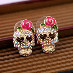 Pink Roses Skull Head Earrings