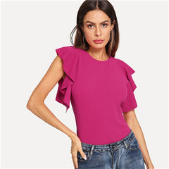 Hot Pink Ruffle Armhole Elegant Blouse