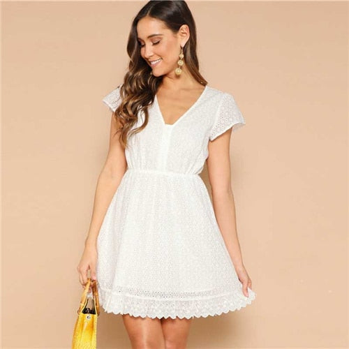 While Lace V-Neck Solid Summer Short Dress