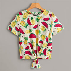 Tie Front Fruit Print Women T-shirt