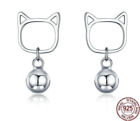 925 Sterling Silver Cat Bell Stud Earrings