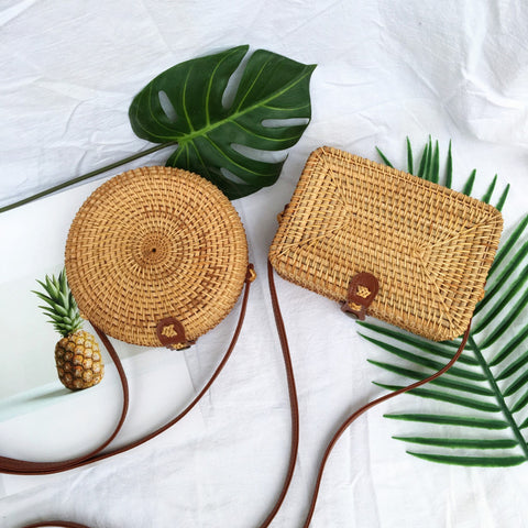 Handmade Round Square Crossbody rattan bag