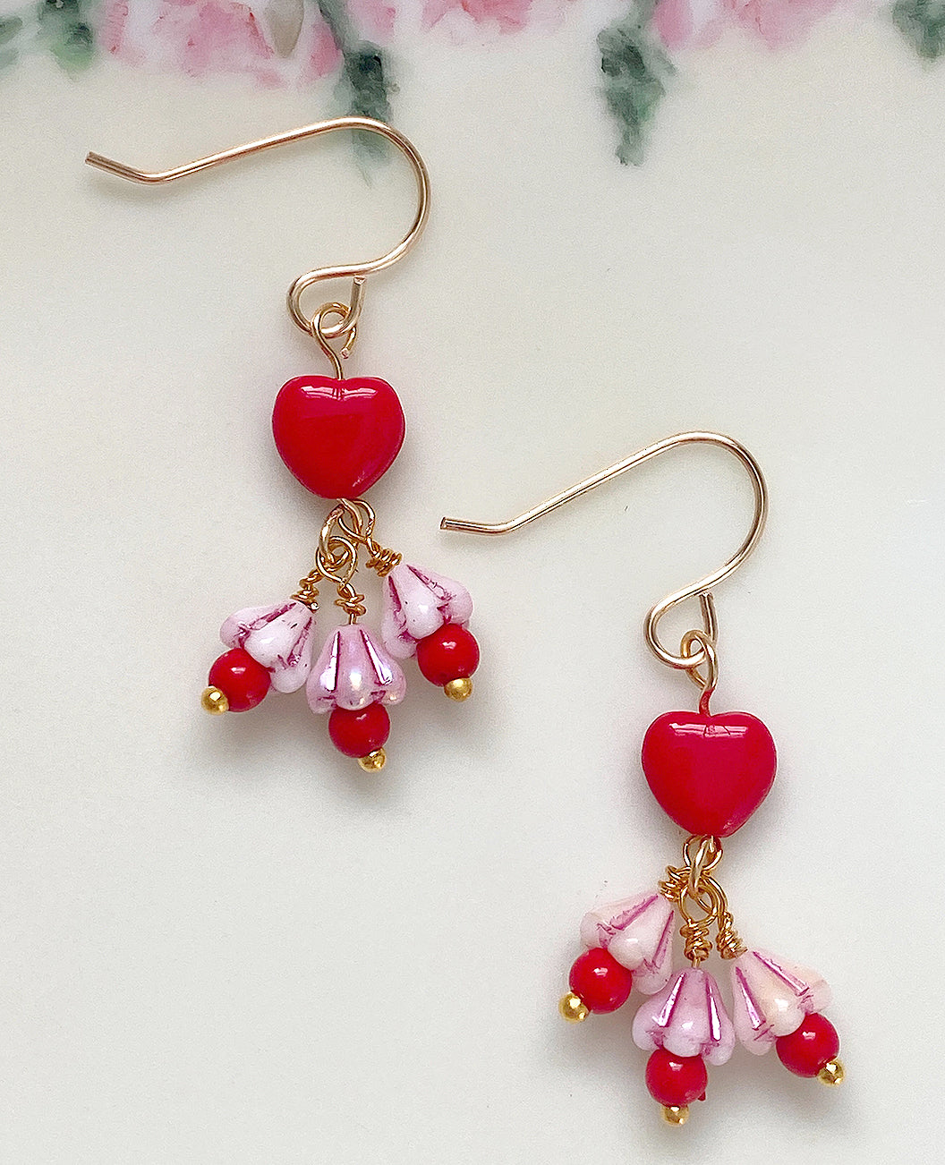 Handmade Earrings: Red Hearts with Pink-Striped Bellflowers