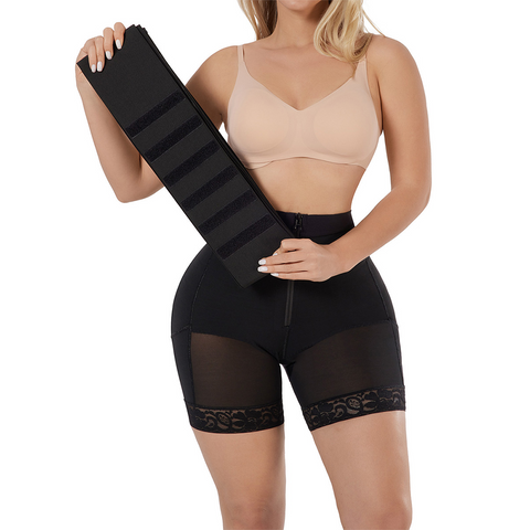 Naomi Black Shapewear: Rubber string waist trainer combined with hip lifting shapewear pants to lift hips and control tummy for a sculpted appearance.