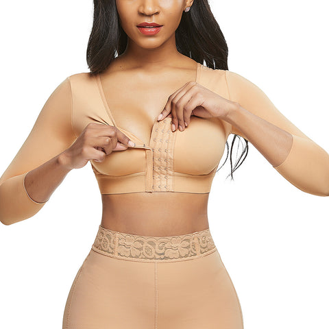 Britney Nude Shapewear: 3/4 sleeve design compresses arms and chest, with adjustable front hooks for customizable fit.