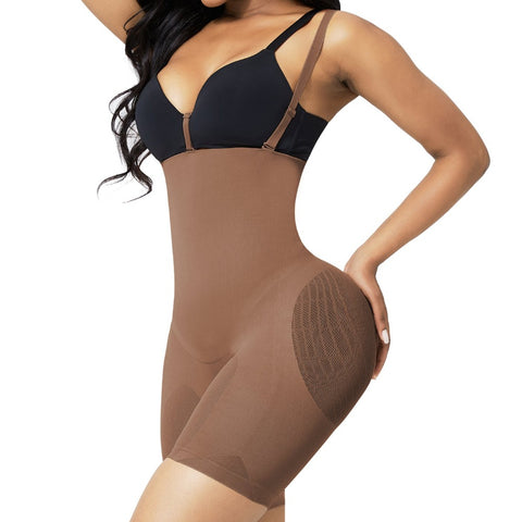 Black mid-thigh shapewear with full-body design for back support