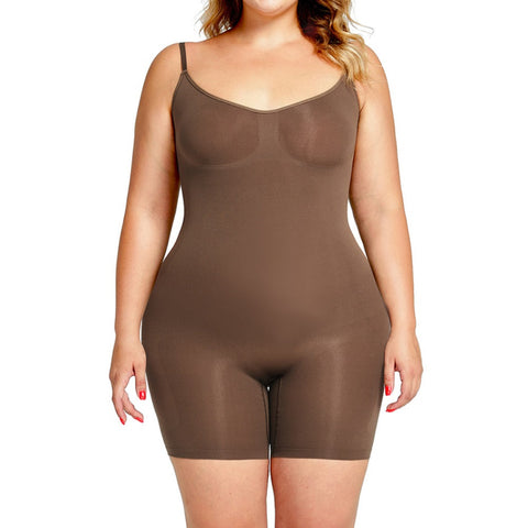 Nicki Black Plus Full-Body Bodysuit with Seamless Knitting and Adjustable Shoulder Straps for a Snug Fit, Targeting Belly, Waist, and Thighs.