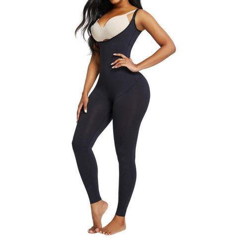 Adjustable strap black thigh shapewear with open bust design and double-layer compression panel on midsection area for targeted tummy and waist control - Adele from CurvQueen