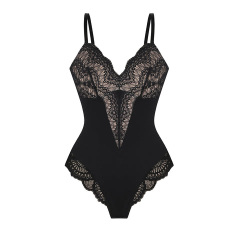 Dorit: Ultra-versatile black lace bodysuit with low-back styling and perfect contouring from CurvQueen.