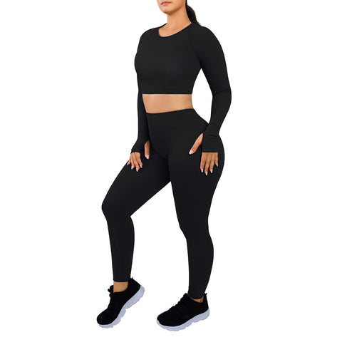 Model wearing Body Makeover Set III in Black, featuring a light push-up effect for breast support, arm shaping fabric for sculpting the arm contour, and a butt-lifting design for a firm and round bubble butt.