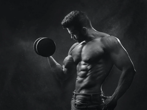 A man holding a black dumbbell