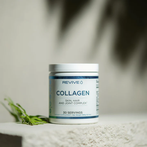 A white tub of collagen powder, from Revive