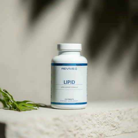 A bottle of Revive MD’s Lipid cholesterol supplement