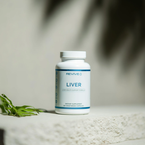A white and blue bottle of liver supplements