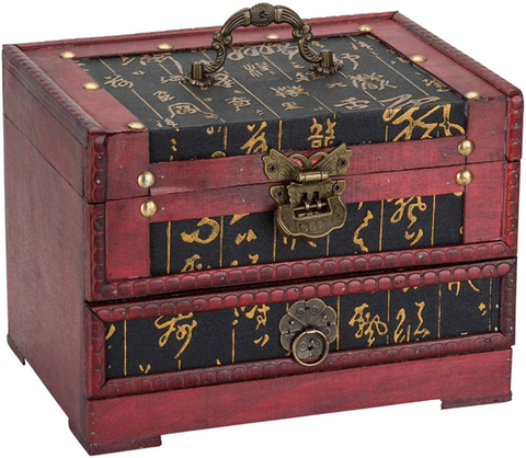 Asian-Style Rustic Wooden Lock Box with Drawer