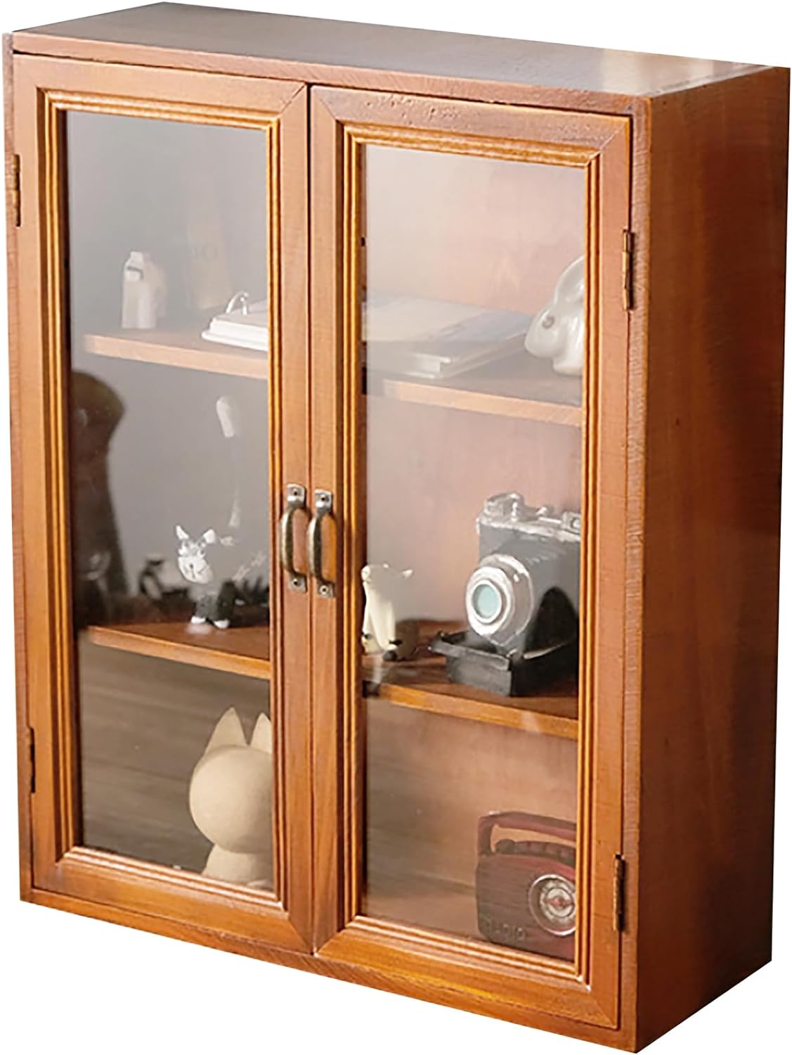 Rustic Mahogany Wall Cabinet: 12x14x5" Clear-Door Storage Display - Sleek 3-Tier Pantry with Metal Handles