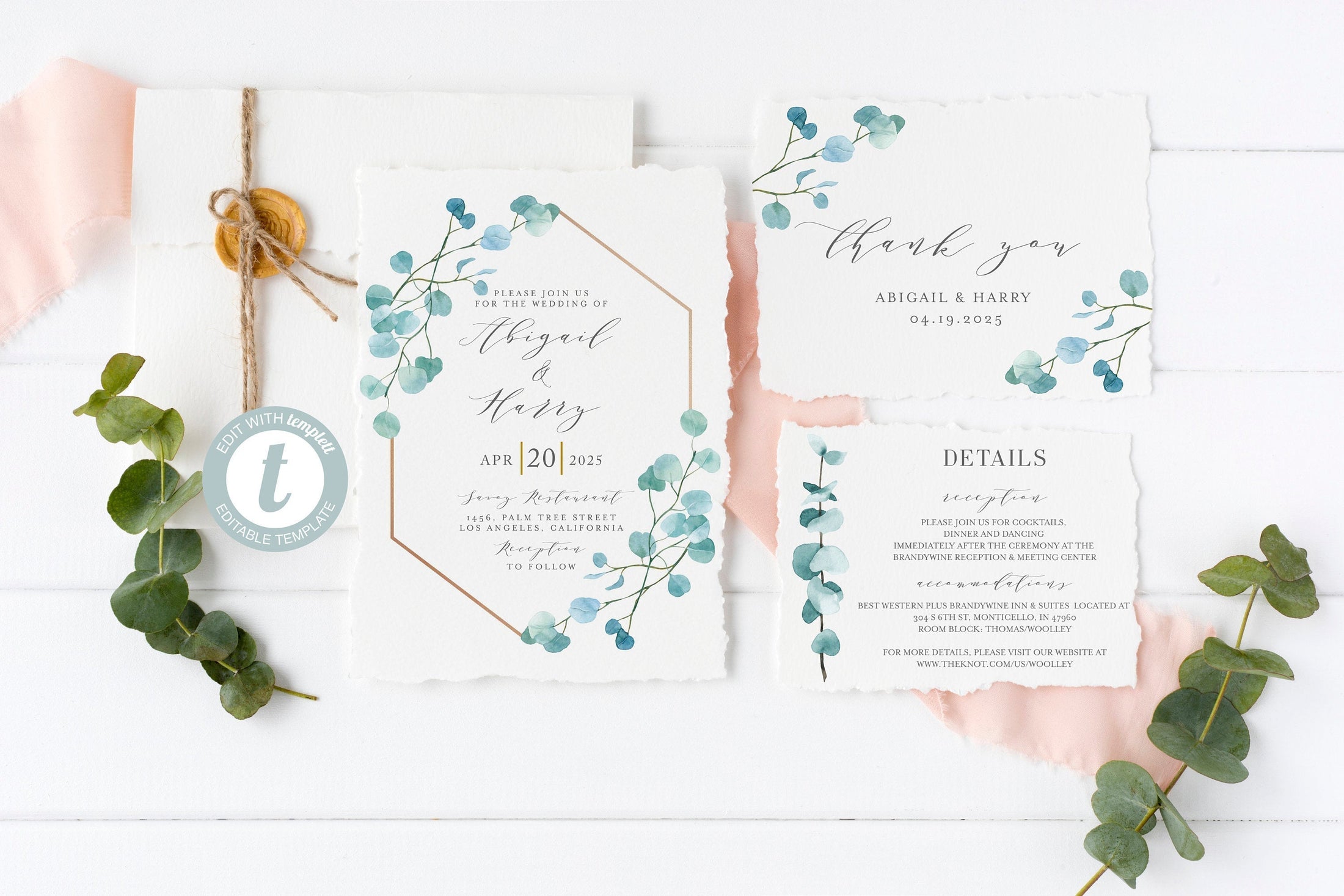 Printable Greenery Geometric Wedding Invitation Set Editable Template ...