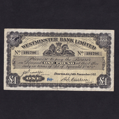 P.23d Isle of Man £1 (14.11.1951) Westminster Bank Limited, ink marks, Fine