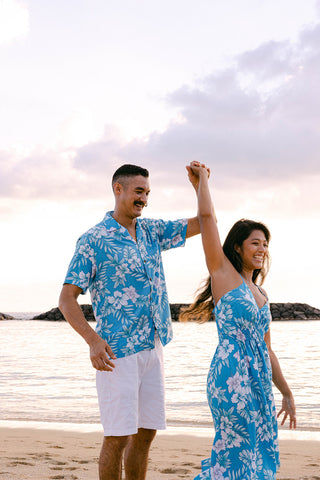 Men's Matching Hawaiian Aloha Shirt Family Island Resort Wear Bright Hibiscus Blue Women's Dress 