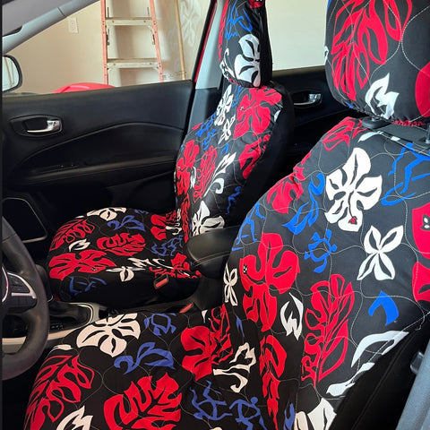 Hawaiian aloha print quilted car seat cover vehicle interior protection slip on spandex front seat covers van truck car sedan suv rv car seat covers made in hawaii island local hawaiian tropical beach vacation cotton polyester microfiber water resistent car covers hibiscus floral tribal turtle honu red blue white black car seat cover