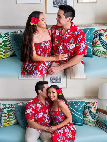 Matching hawaiian resort wear mens womens style fashion for vacation luau gala tube dress one size fits all stretchy strapless spaghetti strap adjustable floral maxi midi outfit clothing island hawaii aloha shirt short sleeved matching pocket soft rayon lightweight button up shirt collared mens shirt beach