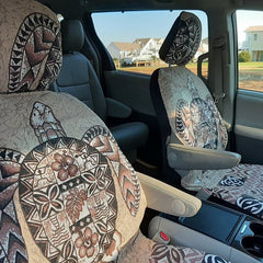 Hawaiian aloha print quilted car seat cover vehicle interior protection slip on spandex front seat covers van truck car sedan suv rv car seat covers made in hawaii island local hawaiian tropical beach vacation cotton polyester microfiber water resistent car covers tribal honu turtle brown hibiscus floral 